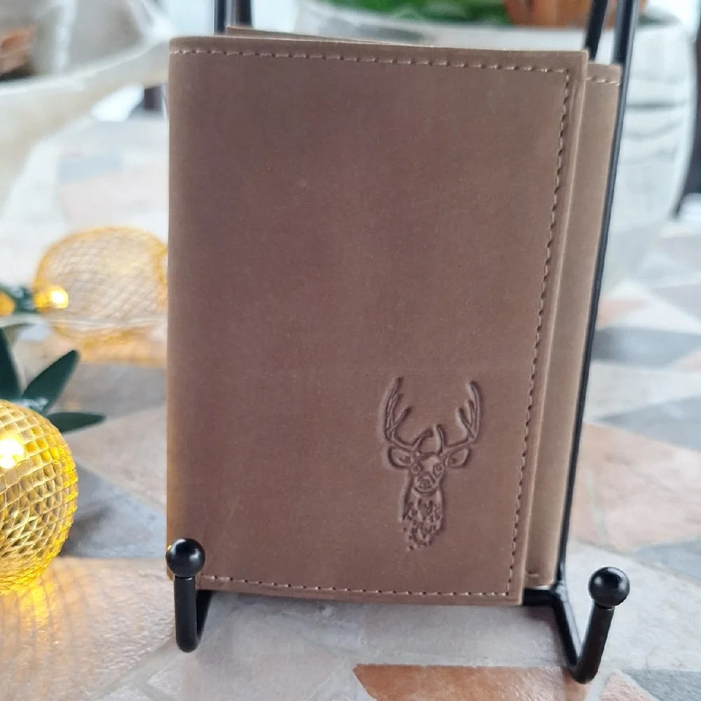 Brown Genuine Leather Trifold Wallet with Deer Embossing